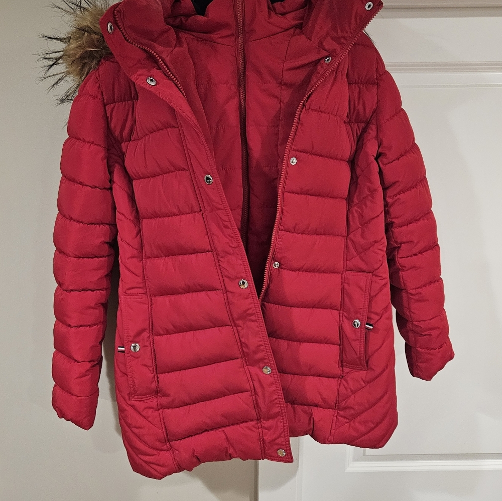 Tommy Hilfiger Red Puffer Coat with Faux Fur Hood
